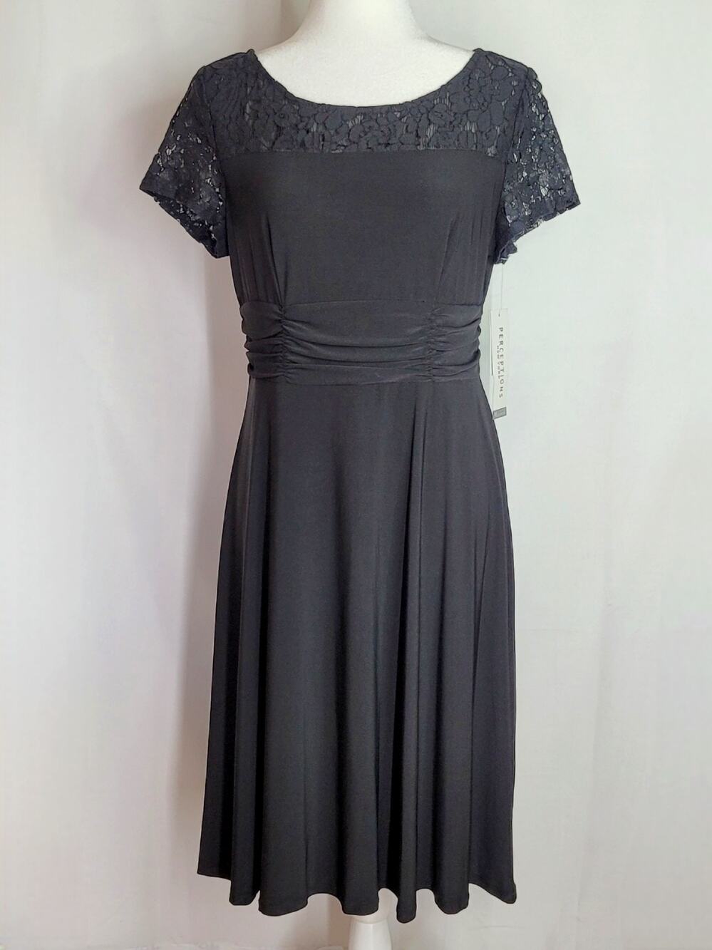 NWT PERCEPTIONS Petite Black Lace Short Sleeve Fit & Flare Midi Dress Size PM